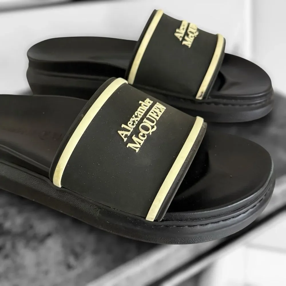 Alexander McQueen Black and Gold Slide Sandals